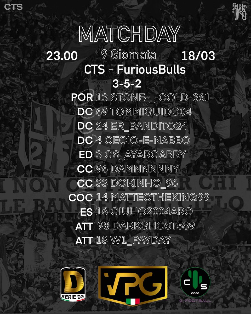 💚🖤 STARTING XI 🖤💚 
Ecco la formazione ufficiale che affronterà alle 22:40 FURIOUSBULLS 
Partita valevole per la 9° giornata del campionato VPG D2

Forza CTS 💚🖤