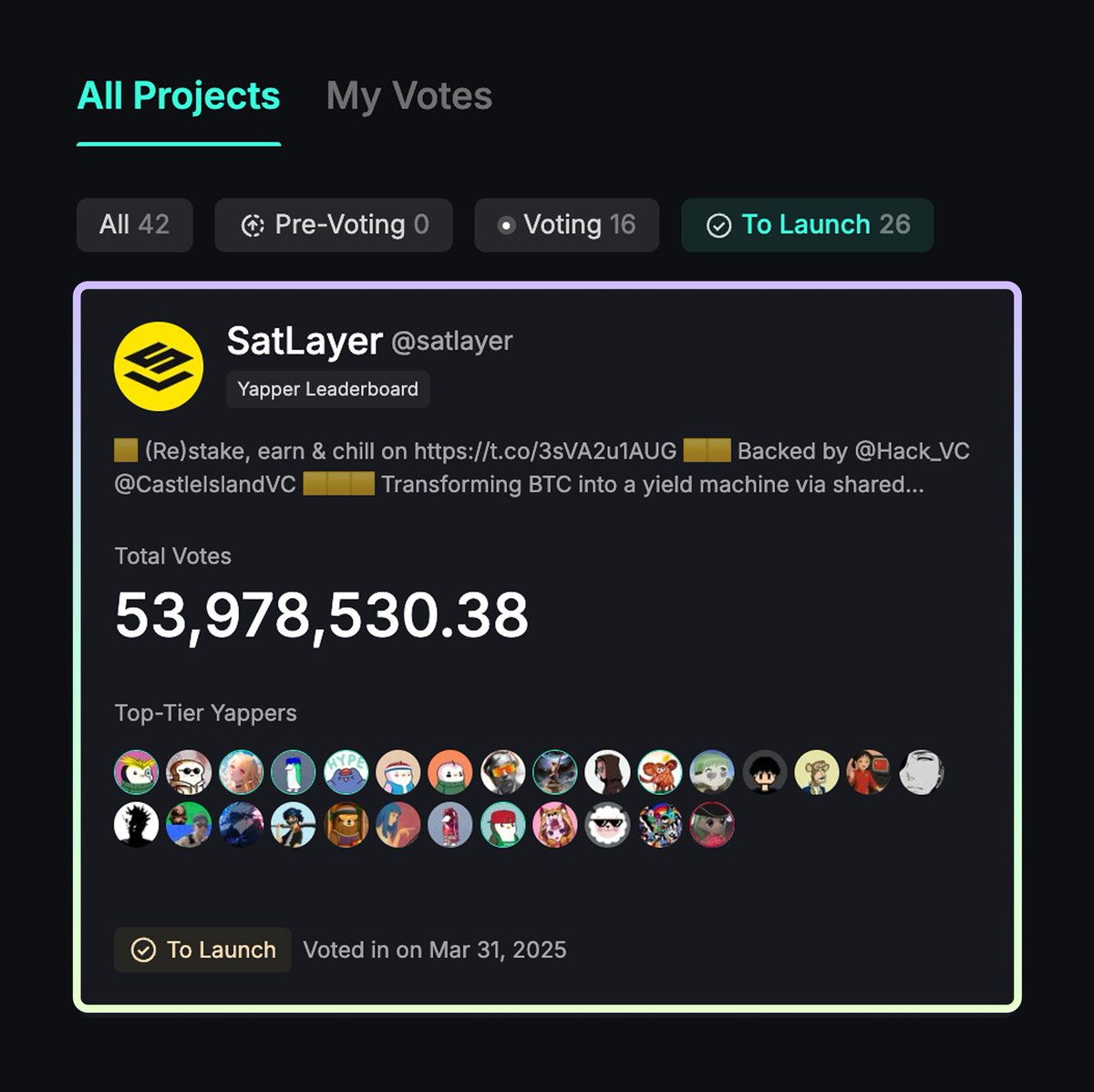 .<a href="/satlayer/">SatLayer 🟨🧊</a> is the next Pre-TGE project selected from the Yapper Launchpad!

The latest one to go through from the new batch.

Voted for by all of you - their leaderboard coming in 7 days time 🫡