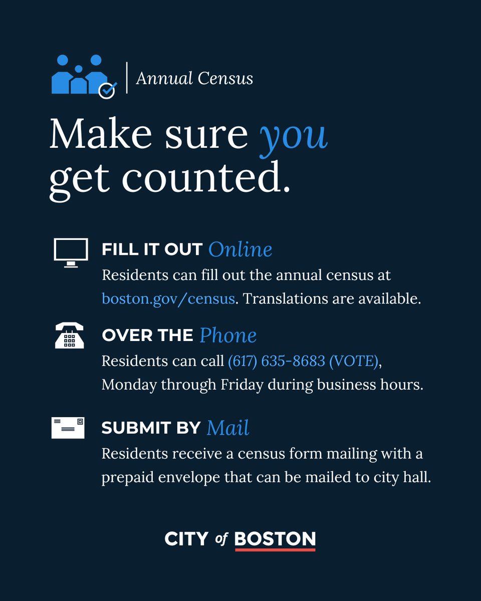The Annual Census maintains the integrity of voter and jury rolls. For more information, or to fill out the census, go to Boston.gov/census