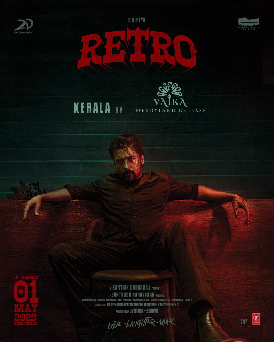 Happy to have <a href="/VaikaMerryland/">vaikaenterprises merryland</a> as our distribution partner and bring #Retro to Cinemas in Kerala ✨

#RetroFromMay1 #LoveLaughterWar

@Suriya_Offl #Jyotika <a href="/karthiksubbaraj/">karthik subbaraj</a> <a href="/hegdepooja/">Pooja Hegde</a> <a href="/Music_Santhosh/">Santhosh Narayanan</a> <a href="/prakashraaj/">Prakash Raj</a> <a href="/C_I_N_E_M_A_A/">joju george</a> <a href="/rajsekarpandian/">Rajsekar Pandian</a> <a href="/kaarthekeyens/">Kaarthekeyen S</a> <a href="/kshreyaas/">shreyaas krishna</a> <a href="/cheps911/">shafique mohamed ali</a>