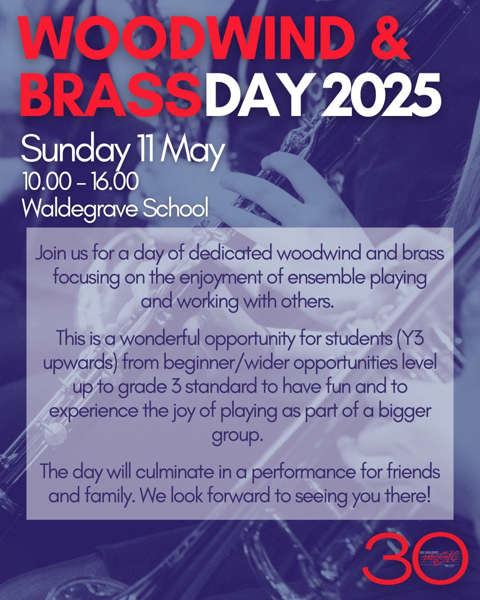 As promised, here's the first of our summer term Instrumental Days - Woodwind and Brass Day 2025!
Sign up via our website here: richmondmusictrust.org.uk/site/ensembles…

#RichmondMusicTrust #WoodwindAndBrass #InstrumentalCourses