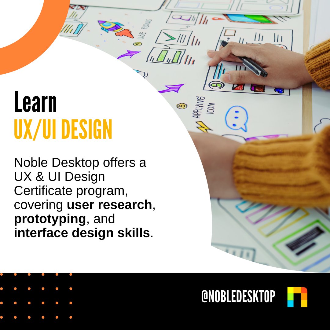 nobledesktop's tweet image. Design experiences that matter! Learn UX/UI design to create intuitive, user-friendly apps and websites. Master wireframes, prototypes, and design tools to bring ideas to life. Start your journey with Noble Desktop today!
