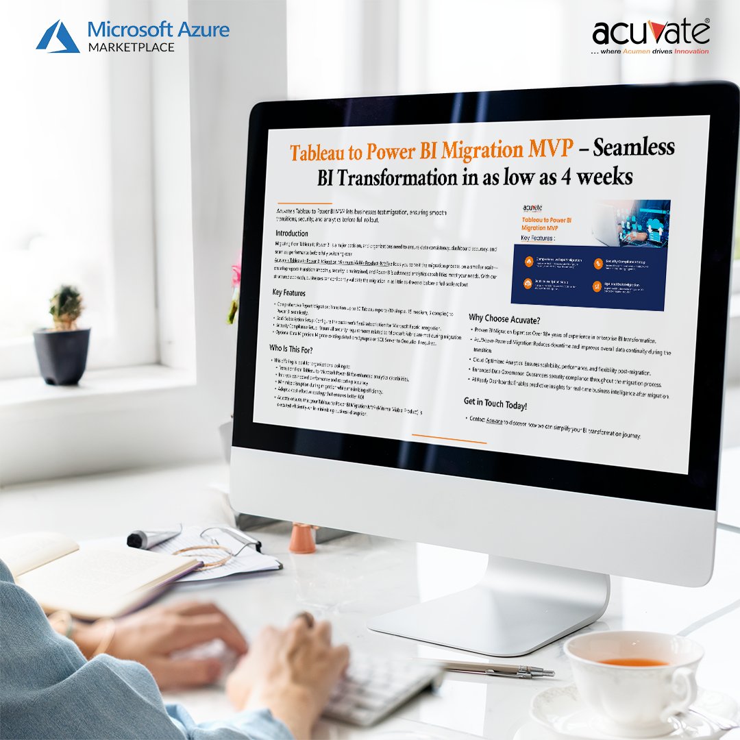 Acuvate's tweet image. With Acuvate’s Tableau to Power BI Migration MVP, you can validate your BI transformation in just 4 weeks—ensuring seamless report migration, top-tier security, and advanced analytics on Power BI.

👉 hubs.li/Q03dQ6rS0

#PowerBI  #TableauMigration #AzureMarketplace