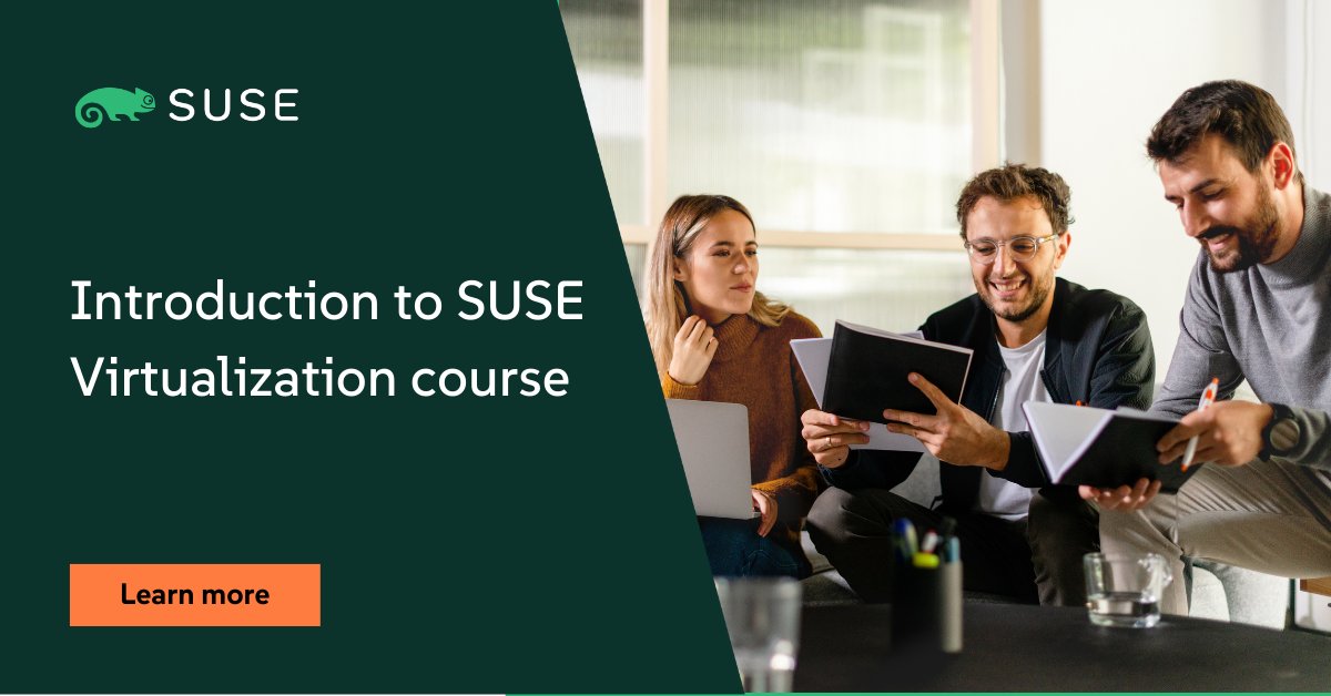 TEasterly's tweet photo. 📣 Now available in @SUSE eLearning! Get a comprehensive introduction to SUSE Virtualization and learn how to deploy and configure clusters. The course also covers HCI fundamentals, network and storage configuration and VM management. 👉 Learn more: https://t.co/JcJFLGDFR4 https://t.co/VMk6pFJvvF