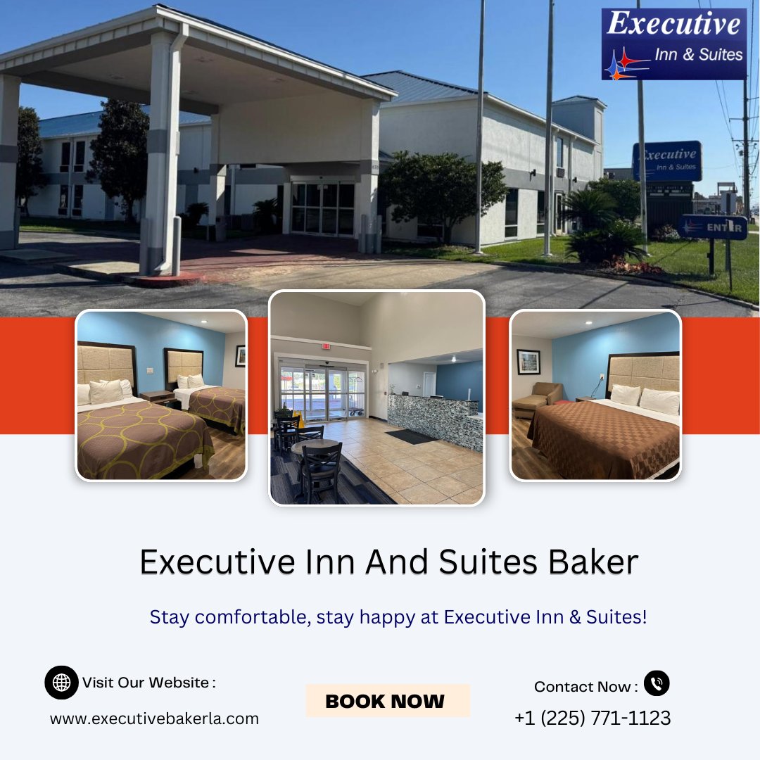 executivebake's tweet image. Enjoy a quiet and cozy stay at Executive Inn Baker, featuring spacious rooms and free breakfast. Book now!
📍 Visit: executivebakerla.com 
 #ExecutiveInnBaker #RelaxAndRecharge #LouisianaStay #ComfortAndConvenience