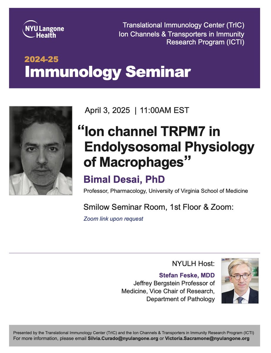 Feske lab at NYU (@feskelab) on Twitter photo Join us on April 3, 2025, for the next ICTI Research Seminar at <a href="/NYUGSOM_Path/">NYU GSOM Pathology</a>! Dr. <a href="/bimald/">Bimal Desai</a> will discuss “Ion channel TRPM7 in Endolysosomal Physiology of Macrophages”, focusing on the critical role of TRPM7 in immune cell function and its implications for immunomodulation. #ICTI Join us on April 3, 2025, for the next ICTI Research Seminar at <a href="/NYUGSOM_Path/">NYU GSOM Pathology</a>! Dr. <a href="/bimald/">Bimal Desai</a> will discuss “Ion channel TRPM7 in Endolysosomal Physiology of Macrophages”, focusing on the critical role of TRPM7 in immune cell function and its implications for immunomodulation. #ICTI