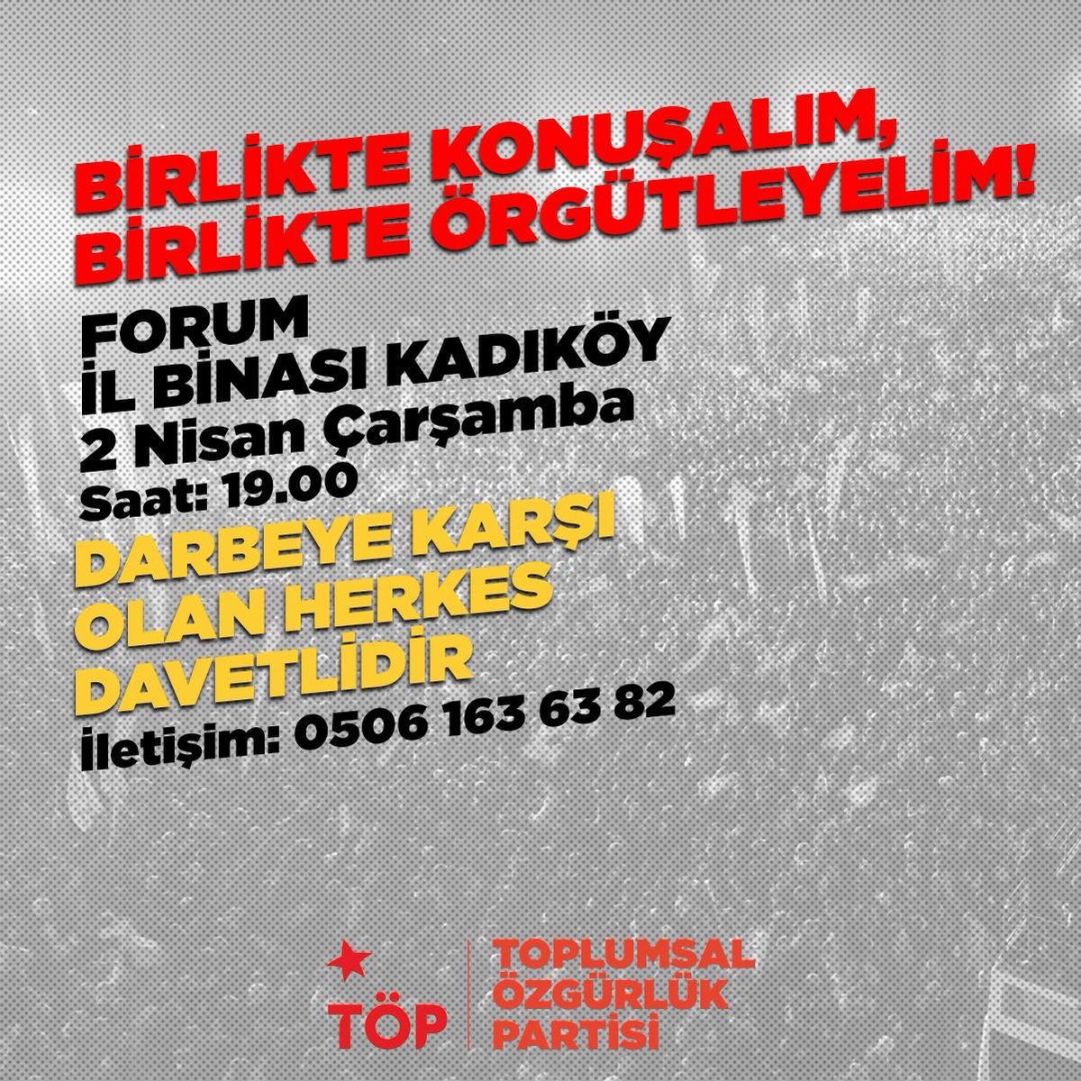 📍İstanbul-Kadıköy

İkinci forumumuzda yan yana geliyoruz. Birlikte konuşalım, darbeye karşı direnişi büyütmenin yollarını birlikte bulalım. 

Sen de gel! Arkadaşını da alıp gel! 
#YürüÜstüne
