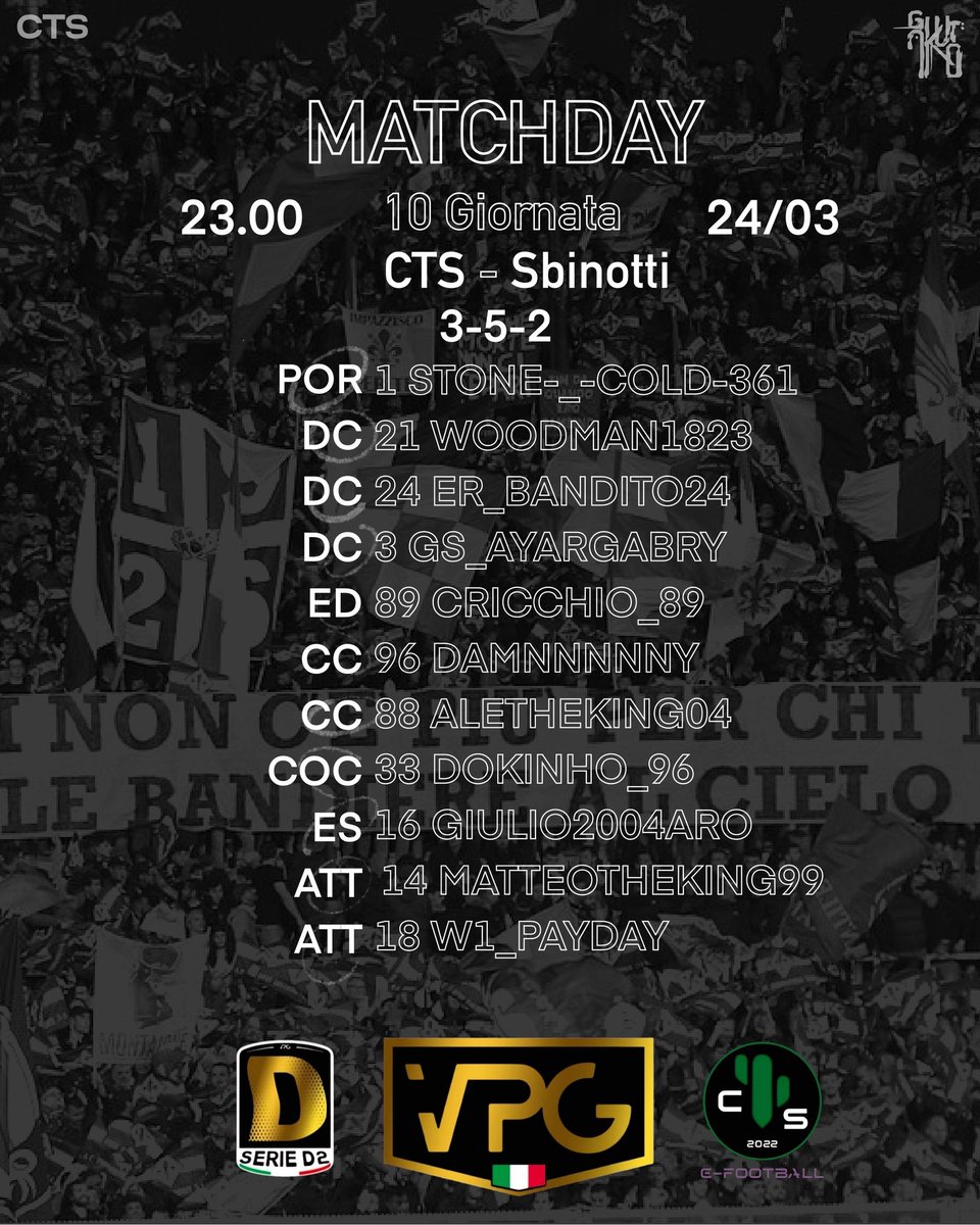 💚🖤 STARTING XI 🖤💚 
Ecco la formazione ufficiale che affronterà alle 22:40 SBINOTTI 
Partita valevole per la 10° giornata del campionato VPG D2

Forza CTS 💚🖤