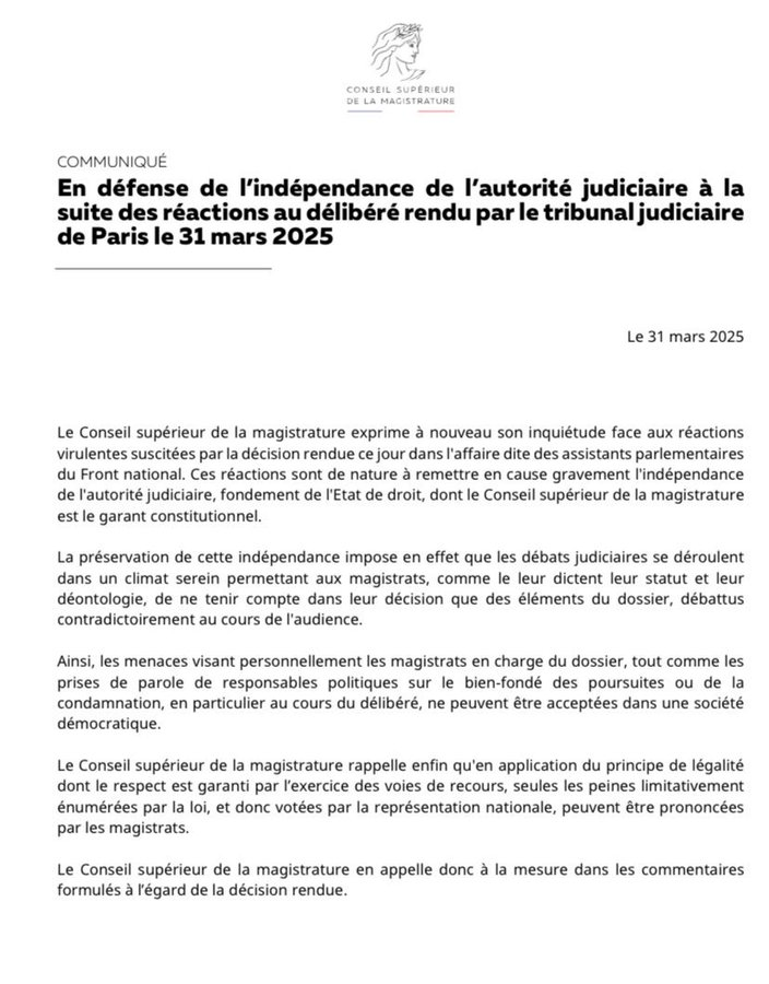 AlertesInfos's tweet image. 🚨🇫🇷⚖️ FLASH - Le Conseil supérieur de la magistrature s'inquiète des réactions "de nature à remettre en cause gravement l'indépendance de l'autorité judiciaire" suite au verdict du procès des assistants parlementaires.

👉 Jeter publiquement le discrédit sur une décision de…