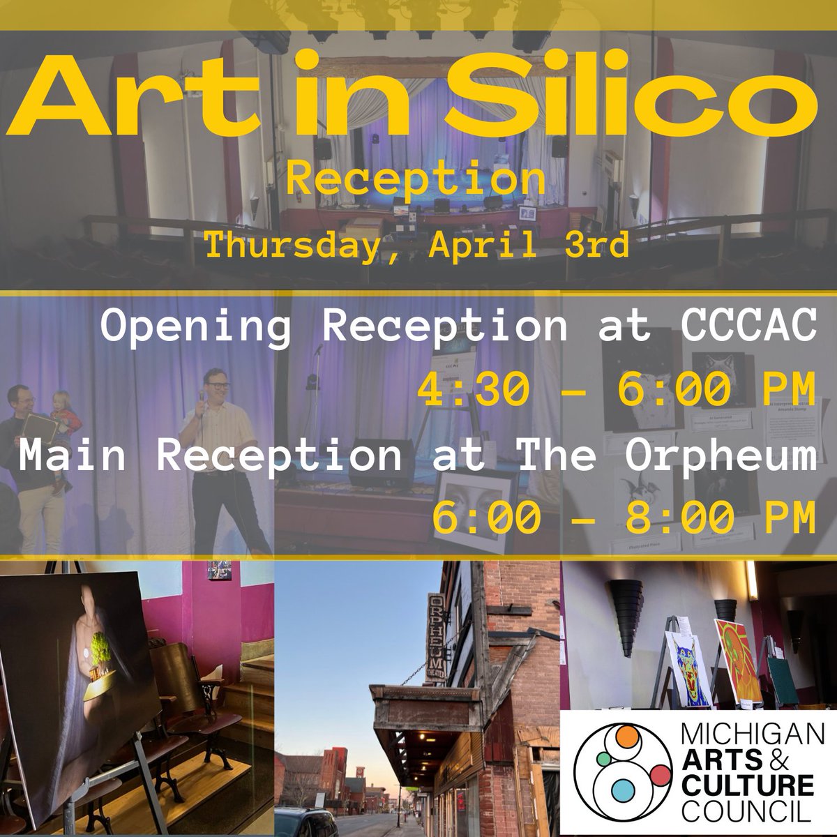 ICC (@icc_mtu) on Twitter photo The two-part reception for Art in Silico is this Thursday starting at 4:30 PM!
View our website for addresses to these locations and reach out to silico-art-l@mtu.edu with questions!
#artexhibition #art #computationalart #gallery #reception #event The two-part reception for Art in Silico is this Thursday starting at 4:30 PM!
View our website for addresses to these locations and reach out to silico-art-l@mtu.edu with questions!
#artexhibition #art #computationalart #gallery #reception #event