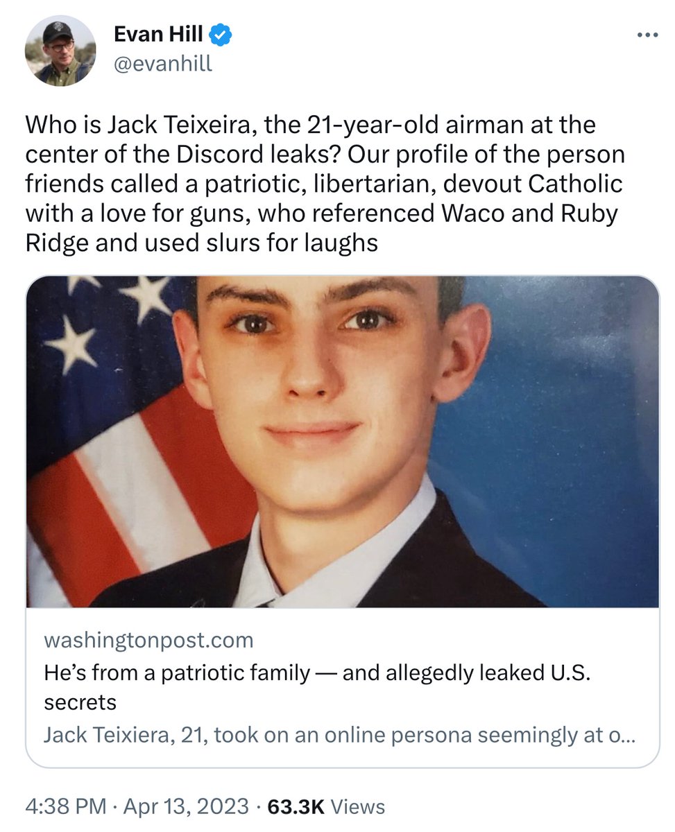 jaimi85012502's tweet image. Airman Nepotism Hire had the kind of racist juvie record that should never have let him into the Air Intelligence Wing, but his stepdad retired from it—he wrote a letter saying he was vewy sowwy—and his messmates voted him “Most Likely Next Base Shooter”—so ofc he was a vatnik