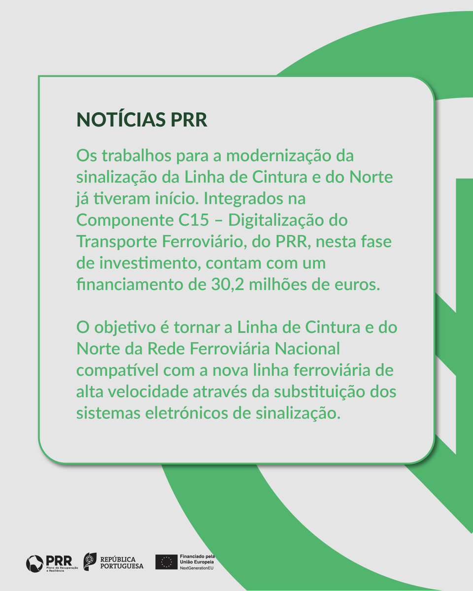 Já decorrem as obras para a modernização da sinalização da Linha de Cintura e do Norte. A circulação ferroviária vai tornar-se mais moderna e adaptada às exigências atuais.

#prr #transicaoclimatica #ferrovia #construirofuturo #nextgenerationeu