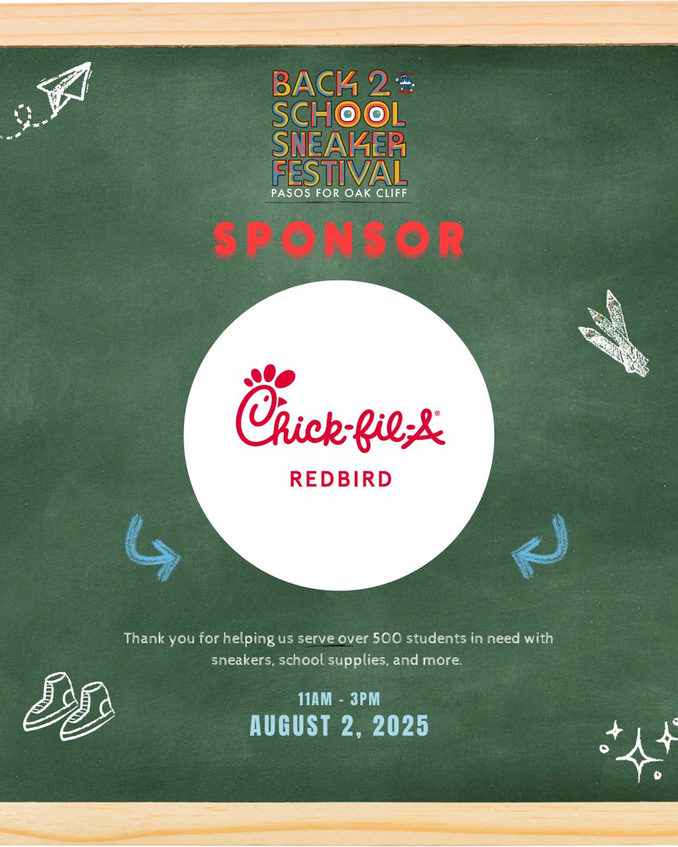 Pasos for Oak Cliff (@pasosforoc) on Twitter photo Excited to announce <a href="/ChickfilA/">Chick-fil-A, Inc.</a> Redbird as a sponsor of the Pasos Back 2 School Sneaker Festival!
Chick-Fil-A Redbird is the 3,000th Chick-Fil-A, located at 3502 W Camp Wisdom Road.
We are proud to partner with Chick-Fil-A Redbird & celebrate its commitment to community. Excited to announce <a href="/ChickfilA/">Chick-fil-A, Inc.</a> Redbird as a sponsor of the Pasos Back 2 School Sneaker Festival!
Chick-Fil-A Redbird is the 3,000th Chick-Fil-A, located at 3502 W Camp Wisdom Road.
We are proud to partner with Chick-Fil-A Redbird & celebrate its commitment to community.
