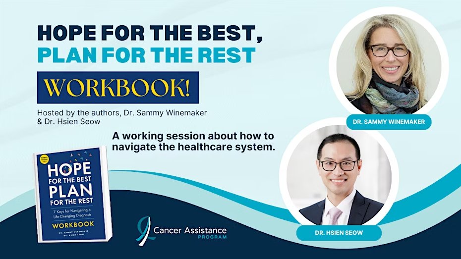 Cancer Assistance Program (@cancer_assist) on Twitter photo CAP will be hosting a workbook session for clients, caregivers, nurses, doctors or anyone who is dealing with a life altering diagnosis. Hosted by Hope for the Best, Plan for the Rest authors, @sammywinemaker and <a href="/HSeowPhD/">Hsien Seow PhD</a> of <a href="/WaitingRoomRev/">Waiting Room Revolution</a>. Register at: loom.ly/CvrC-y0 CAP will be hosting a workbook session for clients, caregivers, nurses, doctors or anyone who is dealing with a life altering diagnosis. Hosted by Hope for the Best, Plan for the Rest authors, @sammywinemaker and <a href="/HSeowPhD/">Hsien Seow PhD</a> of <a href="/WaitingRoomRev/">Waiting Room Revolution</a>. Register at: loom.ly/CvrC-y0