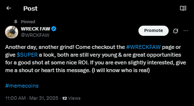 WRCKFAW's tweet photo. @Darky1k Hey, @Darky1k !

Thanks for the follow, I am not sure if you are interested, but if you are please reply/send me a message. 

No, I dont want to pay for a Promo. 

IF you are wanting something for pennies on the dollar with nowhere to go but up, lmk!

Thank you for your time. https://t.co/BDwAHdqN96