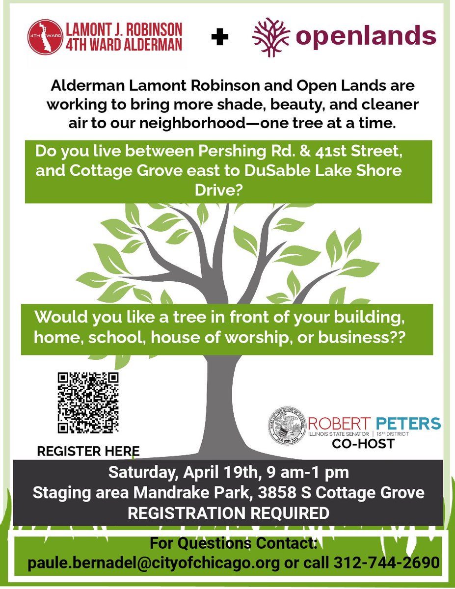 On Sat., April 19th, I will be cohosting a tree planting day with Openlands. We are looking for about 20 sites  where orgs or HOAs will commit to watering a new tree located near their property. To volunteer or sign up for a tree: openlands.jotform.com/250586271032957