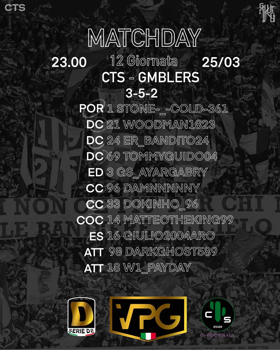 💚🖤 STARTING XI 🖤💚 
Ecco la formazione ufficiale che affronterà alle 22:40 GMBLERS 
Partita valevole per la 12° giornata del campionato VPG D2

Forza CTS 💚🖤