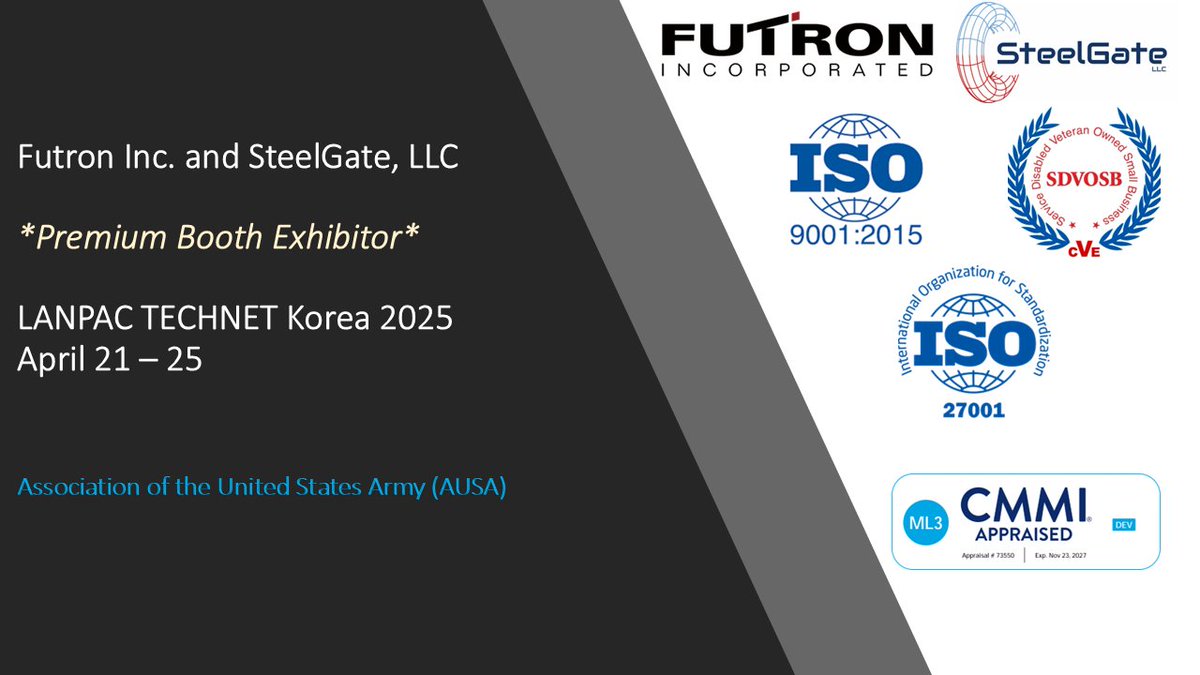Futron is excited to partner with SDVOSB SteelGate as a Premium Booth Exhibitor at LANPAC TECHNET next month. Come connect with us. #SmallBusiness #Innovation #TechNetKorea