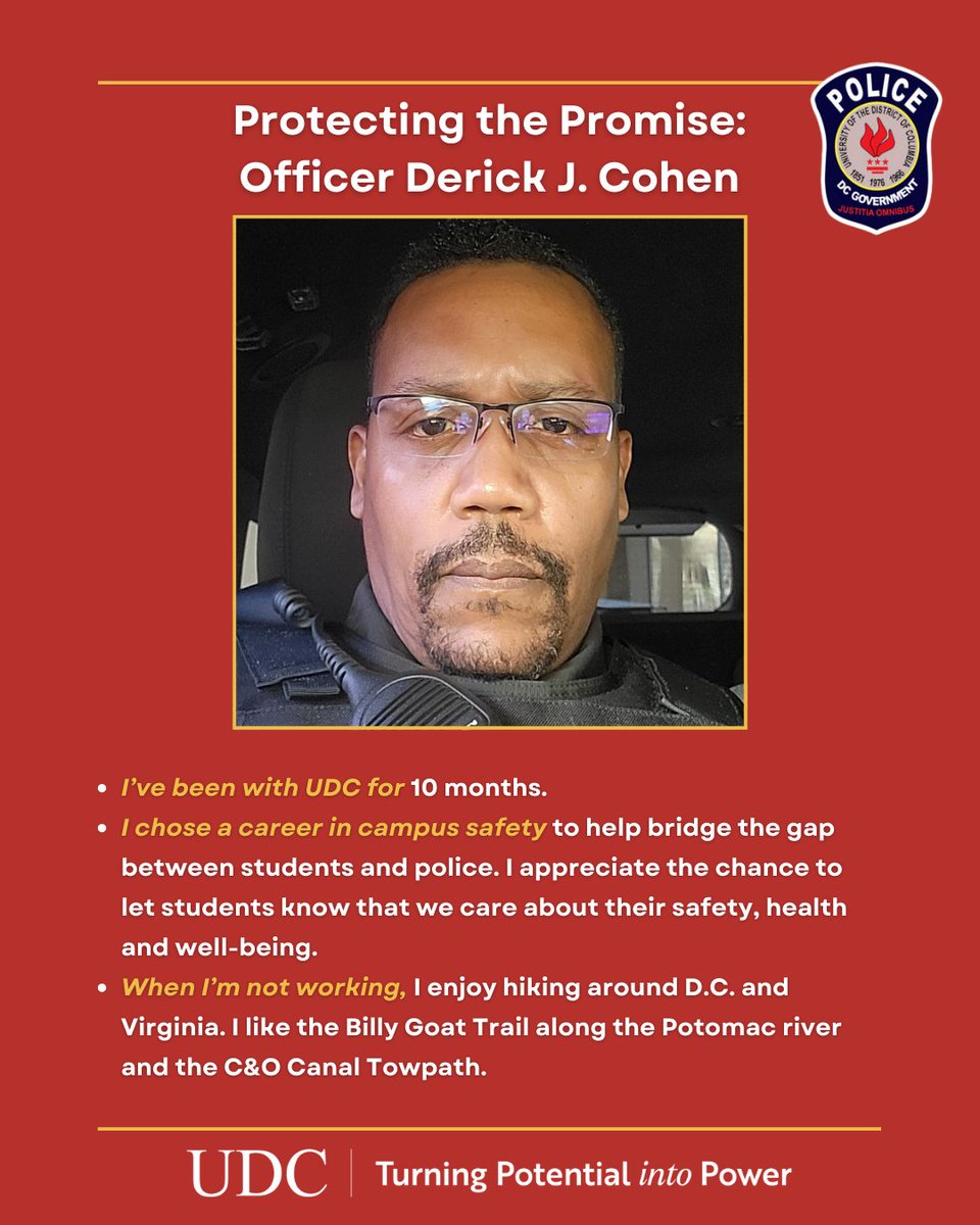 udc_edu's tweet photo. #ProtectingThePromise: Meet Officer Derick Cohen, dedicated to keeping our UDC campus community safe. #UDCPolice https://t.co/G3XSwGBUb0