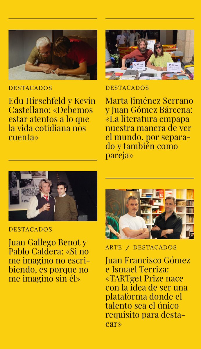 Últimamente, encadenamos varias entrevistas a cuatro manos, donde las respuestas se complementan entre sí –y molan el doble–.

Por ejemplo:

- A Edu Hirschfeld y Kevin Castellano:

revistapopper.com/2025/02/18/edu…

- A Marta Jiménez Serrano y Juan Gómez Bárcena: 

revistapopper.com/2025/02/14/amo…