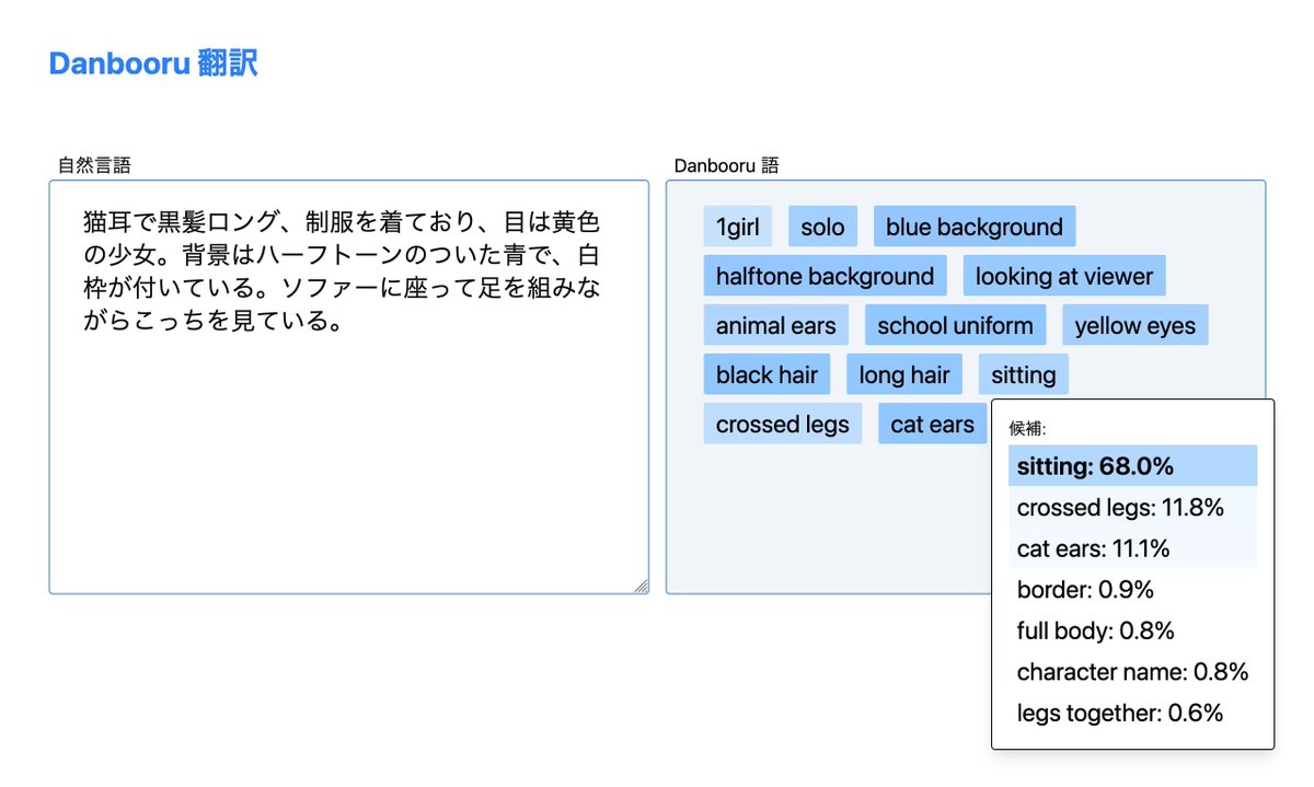 p1atdev_art's tweet photo. 自然言語を Danbooru 語に翻訳する  Danbooru 翻訳 Web アプリ作ったのでローカルでいつでも自然言語を Danbooru 語に翻訳できて唐突に Danbooru 語に翻訳したくなった時も安心！！

https://t.co/SlzHncmWNh https://t.co/6UaVGLcBWS