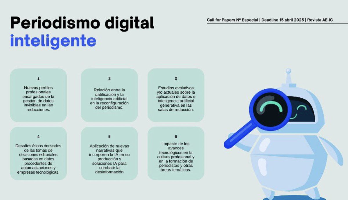 Bella Palomo (@bellapalomo) on Twitter photo #CFP 📢 ¡Última oportunidad para publicar en <a href="/Revista_AEIC/">Revista AE-IC</a>! 🔍El especial "Periodismo digital inteligente" busca artículos sobre #IA, datos y nuevos modelos de redacción. Coordinado por:
🎓 <a href="/herdingbehavior/">Colin Porlezza</a> <a href="/bellapalomo/">Bella Palomo</a> <a href="/nereidacea/">M. Nereida Cea Esteruelas</a> Deadline: 15.05.25 bit.ly/4lbCspC #CFP 📢 ¡Última oportunidad para publicar en <a href="/Revista_AEIC/">Revista AE-IC</a>! 🔍El especial "Periodismo digital inteligente" busca artículos sobre #IA, datos y nuevos modelos de redacción. Coordinado por:
🎓 <a href="/herdingbehavior/">Colin Porlezza</a> <a href="/bellapalomo/">Bella Palomo</a> <a href="/nereidacea/">M. Nereida Cea Esteruelas</a> Deadline: 15.05.25 bit.ly/4lbCspC