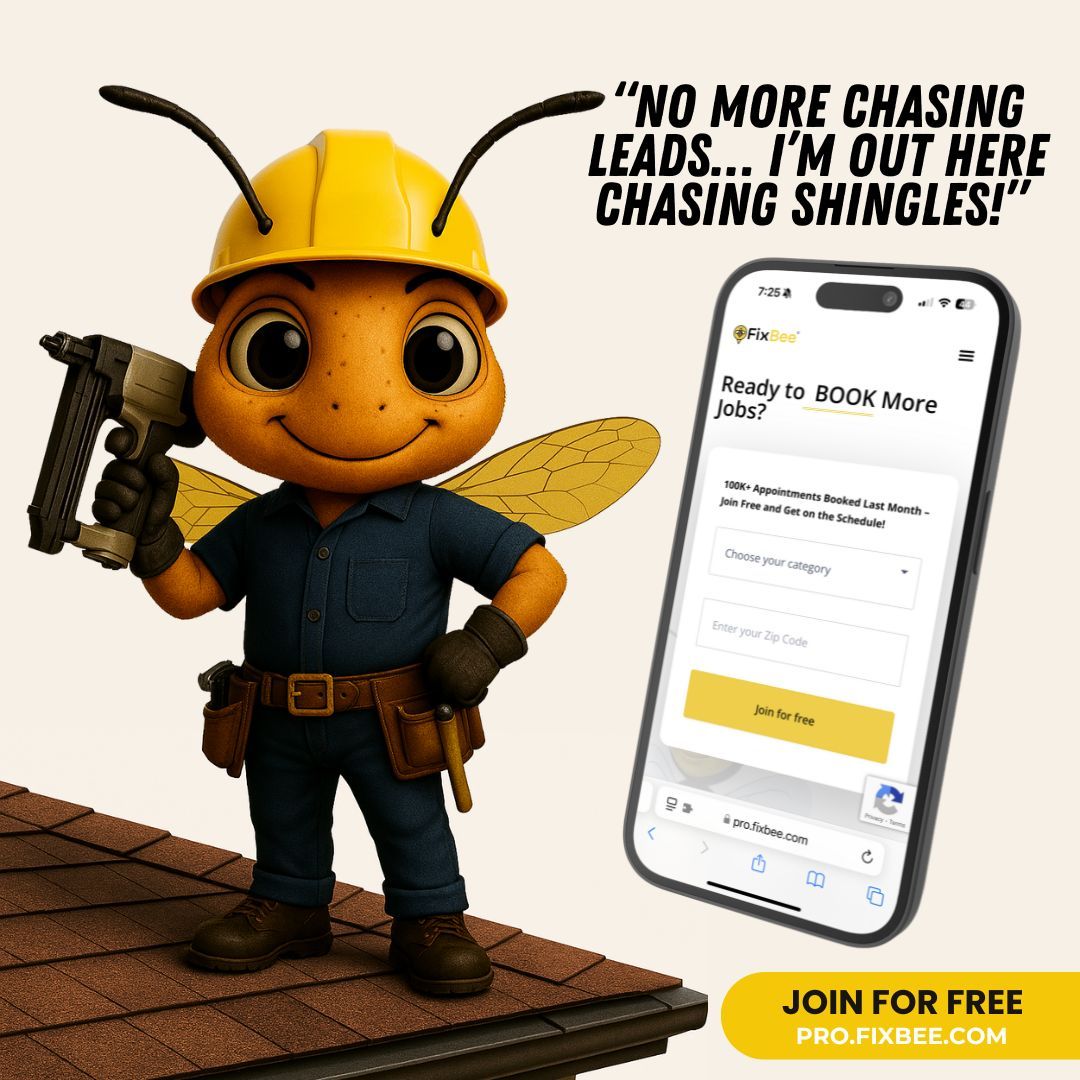 FixBeePro's tweet image. "FixBee up on the roof like: ‘Booked. Buzzed. Built.’ 🐝💼
While others are still dialing cold leads, we’re already measuring the job.

👉 Roofers, if you're ready to stop climbing the ladder of frustration…
Let the Bee bring the jobs to YOU."

📲 Sign up at…