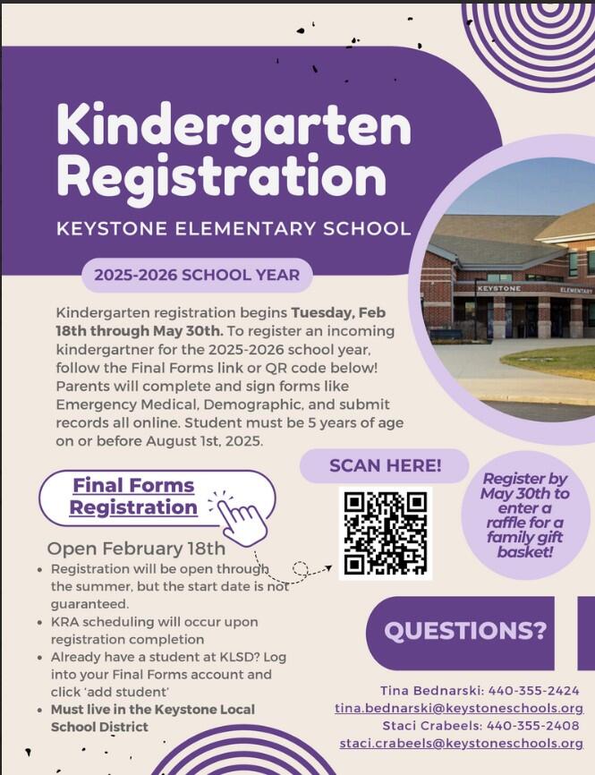 Kindergarten registration for children who will be 5 on or before August 1, 2025 IS UNDERWAY through May 30. View additional information via the flyer or @ secure.smore.com/n/6e380.