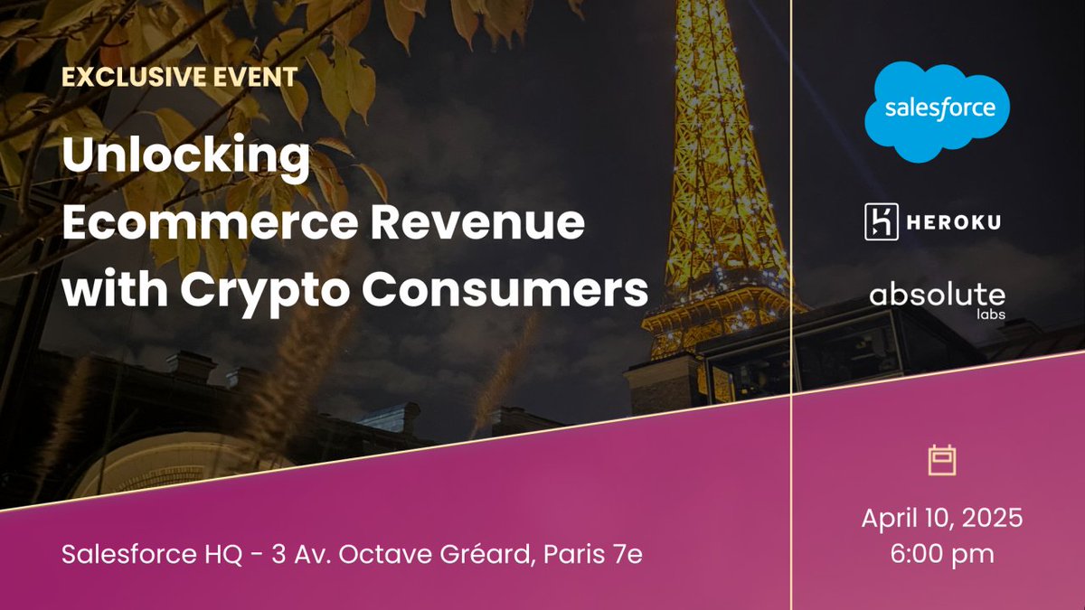 Unlocking Ecommerce Revenue with Crypto Consumers
​Crypto shoppers convert up to 5x more than non-crypto users
​Organized by: absolutelabs.io &amp; Salesforce
April 10th / 6:00 PM at Salesforce HQ in Paris.

​Join us for an exclusive afternoon of networking, cocktails, and