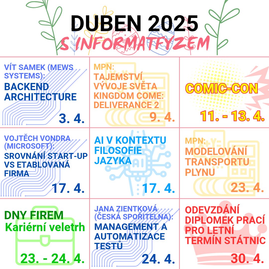 Duben už je za dveřmi! 🌱

Čekají na vás osvědčené klasiky jako Matematické problémy nematematiků nebo Softwarové inženýrství v praxi. Ale také Dny firem a nebo Matfyz na Comic-Conu! 

Máte se na co těšit 🎉