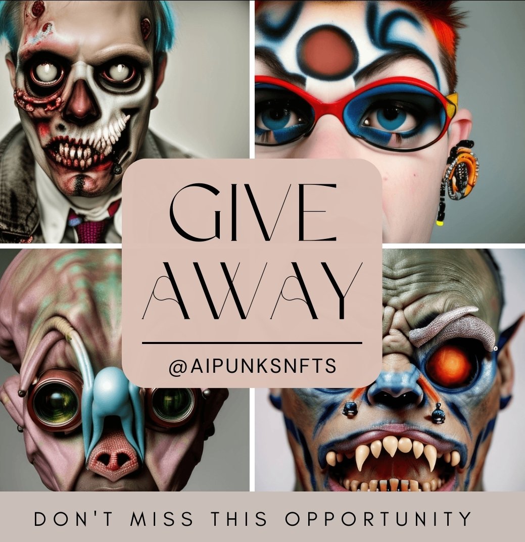 AIPunksNFTs's tweet photo. we're giving away 3 incredible #AIPunks #NFTs just, like last weeks! 
To enter:
1️⃣ Follow @AIPunksNFTs
2️⃣ Like & Retweet 
3️⃣ Tag 3 friends 
 We'll announce the lucky winners on 7 April 
https://t.co/VlVsAlpQNm…

#NFTGiveaway #NFTCommunity #nft
#Giveaway #Airdrop #Trader #crypto #cryptomarket #trademega