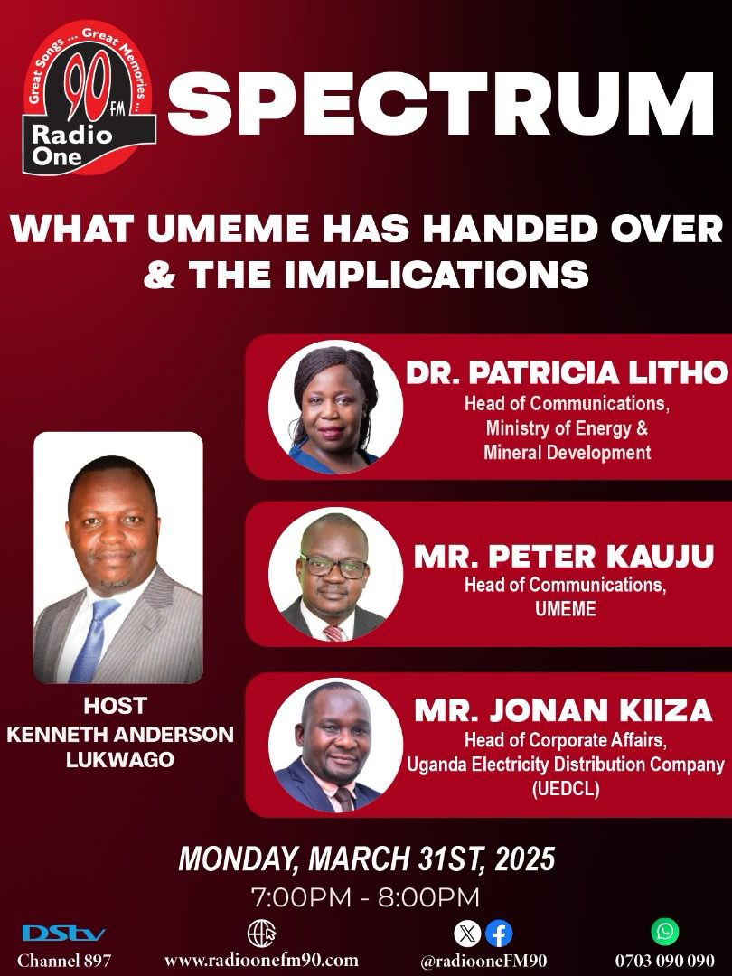 AmanyaStuartJr's tweet image. Following the successful #TheBigSwitch from @UmemeLtd to @UEDCLTD earlier today, join us live now on the Spectrum Show @RadioOneFM90.

TOPIC: What UMEME has handed over and the implications for Uganda’s power sector.

Guests: @Patricia_Litho, @SpoxOfUmeme and @UEDCLSpox.