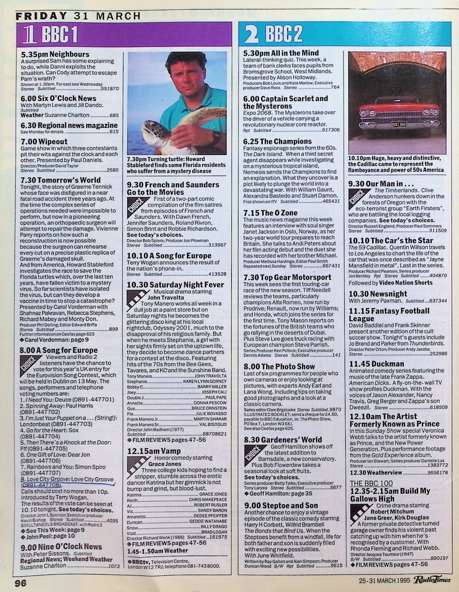TvDidYouSee's tweet photo. #OnThisDay 31 March 1995 📺TV
#StuartMiles parachutes with the RAF in #BluePeter.
FRENCH AND SAUNDERS GO TO THE MOVIES.
Love City Groove are chosen to represent the UK in A SONG FOR EUROPE.
Ken comes to end of his tether with Denise in #CoronationStreet.
Ice-T hosts BAADASS TV. https://t.co/ZpvNMVYjlE