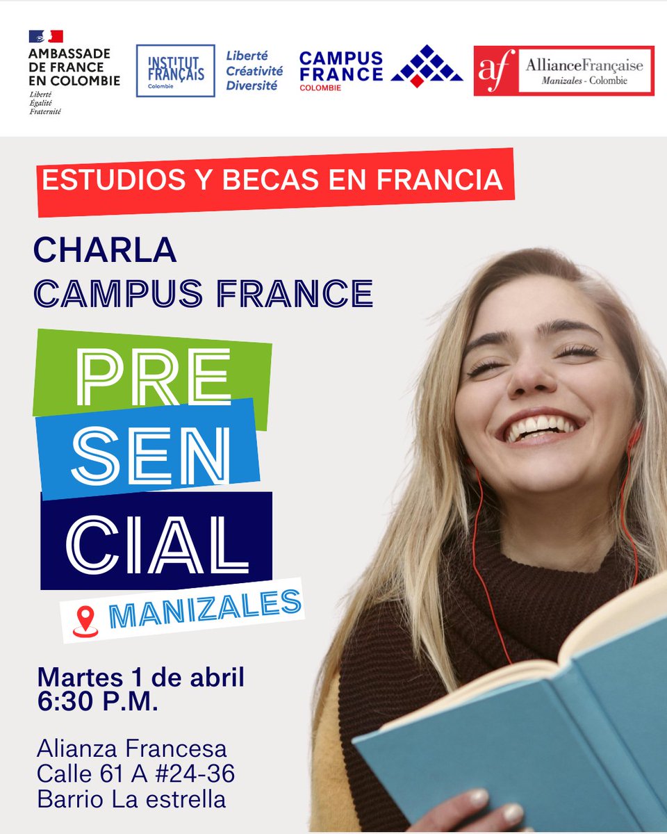 ¿Quieres conocer oportunidades de estudios superiores en Francia? 🇫🇷 📔

¡Prográmate con la charla informativa presencial #CampusFrance! 😁

📅 Martes 01 de abril  -  6:30 p.m.
📌 Alianza Francesa de Manizales  
Calle 61 A #24-36
👥Entrada libre a todo público
<a href="/CampusFranceCol/">CampusFranceColombia</a>