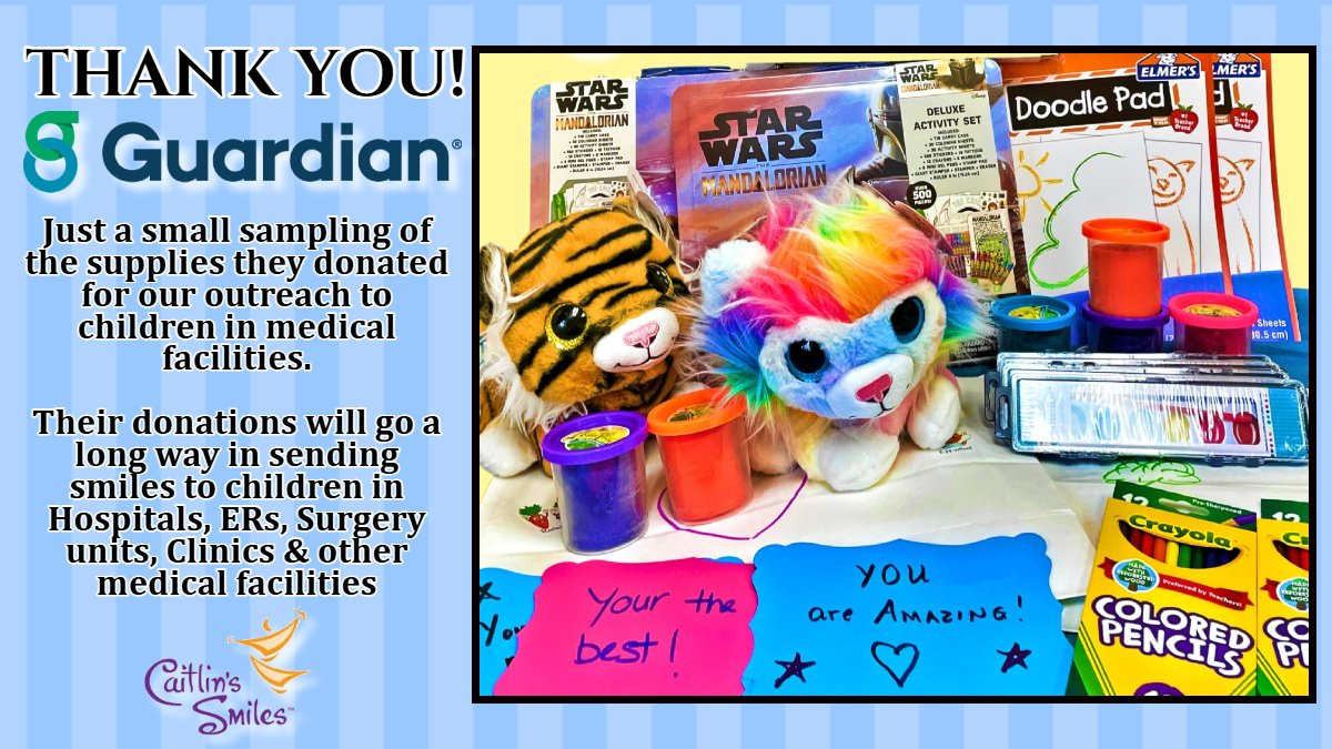 Caitlins_Smiles's tweet photo. Thank you to @guardianlife (Bethlehem, PA)! They sent 15 large boxes filled with decorated bags &amp; supplies for our outreach to children in hospitals. Activity sets, doodle pads, plush animals, &amp; more! The photo shows just a small sampling of the supplies they donated. Thank you! https://t.co/qvenjHw3Ro