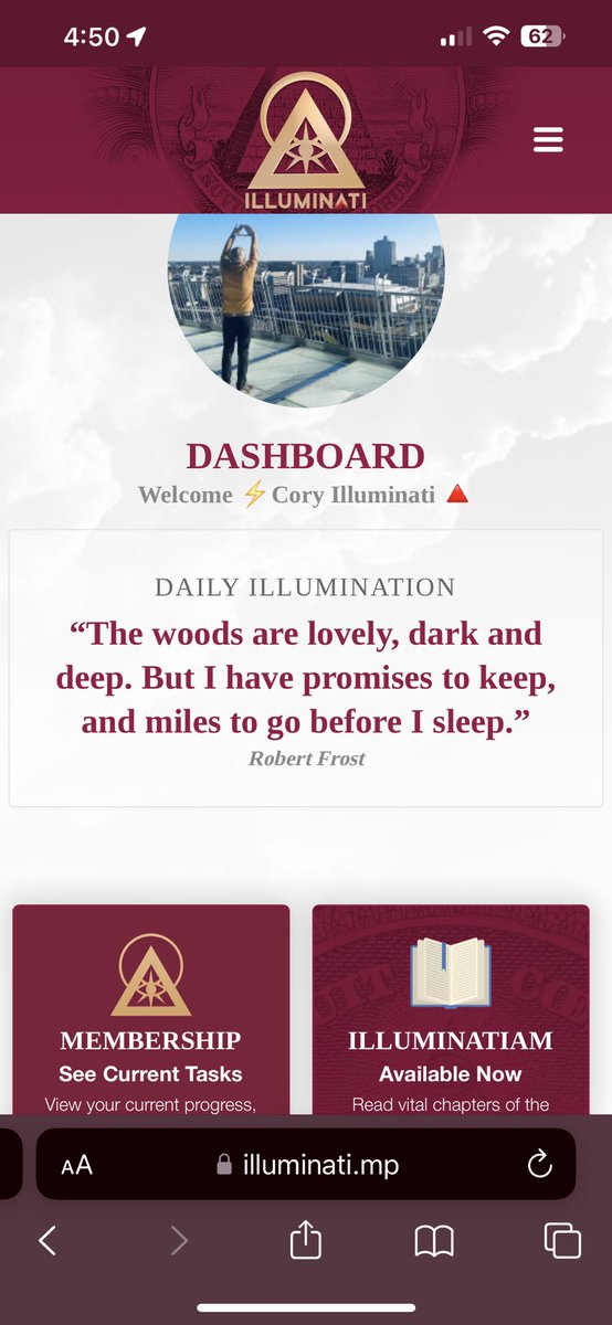 🔺 "The woods are lovely, dark and deep. But I have promises to keep, and miles to go before I sleep."
Follow my "X" account for the latest updates on my active Illuminati Membership
<a href="/ILLUMINATIAM/">Illuminatiam ❂</a> #illuminati #followthelight