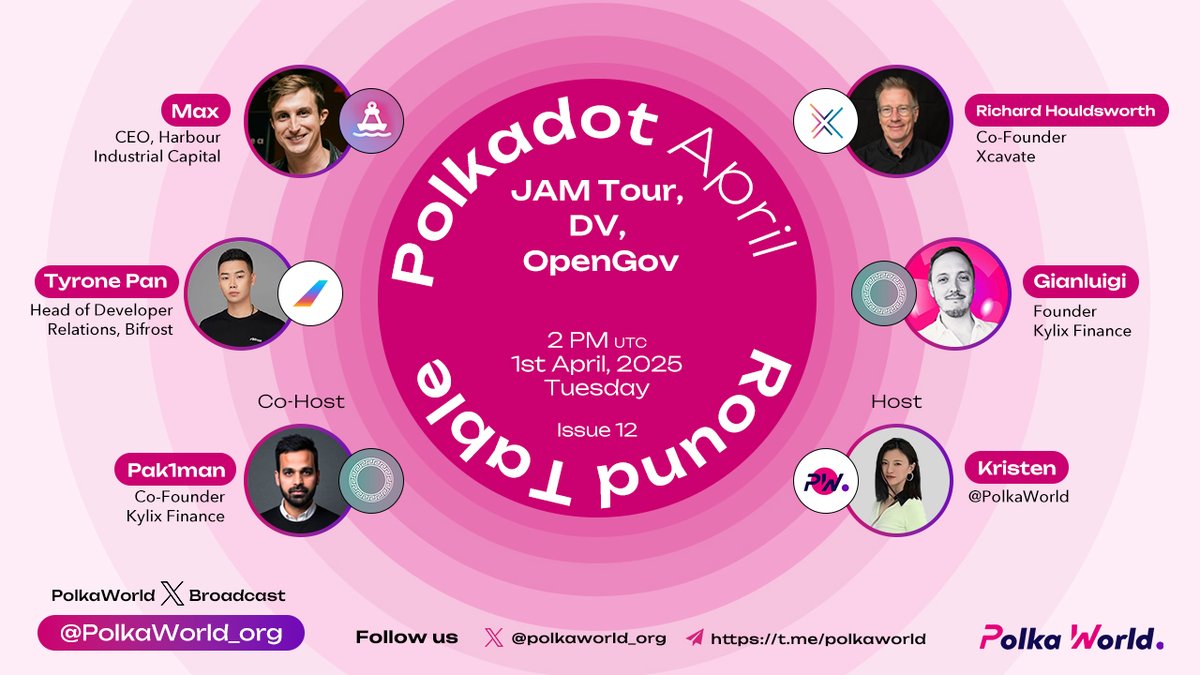 🚀 Polkadot March Roundtable | JAM Tour, DV, OpenGov 

Join us for the Polkadot  Monthly Roundtable, where we dive into the latest developments in the Polkadot ecosystem! 🔥

📅 Date: April 1st, 2025 (Tuesday)
⏰ Time: 2 PM UTC

Hosts：
🎤 Kristen (<a href="/Kristen20210821/">AK</a> ） 
🎤 Pak1man