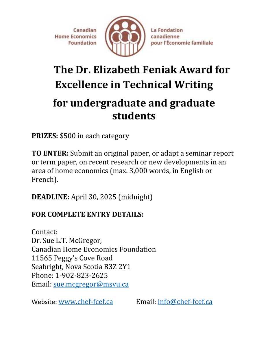Award Alert! We are now accepting applications for the Dr. Elizabeth Feniak Award for Excellence in Technical Writing 2025! It is a writing competition open to 3rd/4th year Canadian undergrad/grad students in #HomeEconomics #HumanEcology programs! Info: chef-fcef.ca/grants/dr-eliz…