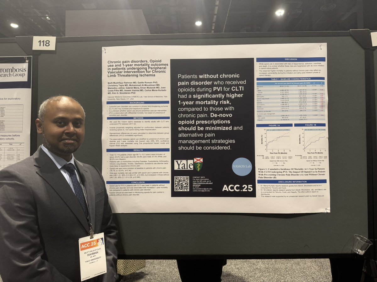 Proud of our amazing research fellow and future cardiologist #MuftiRahman presenting his work about the 1-year mortality associated with chronic pain and opioid use among patients with CLTI undergoing revascularization 👏🏼👏🏼👏🏼