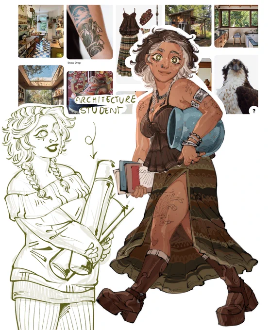 fun character design challenge: design a character based on the first few pins when you refresh your home page on Pinterest 