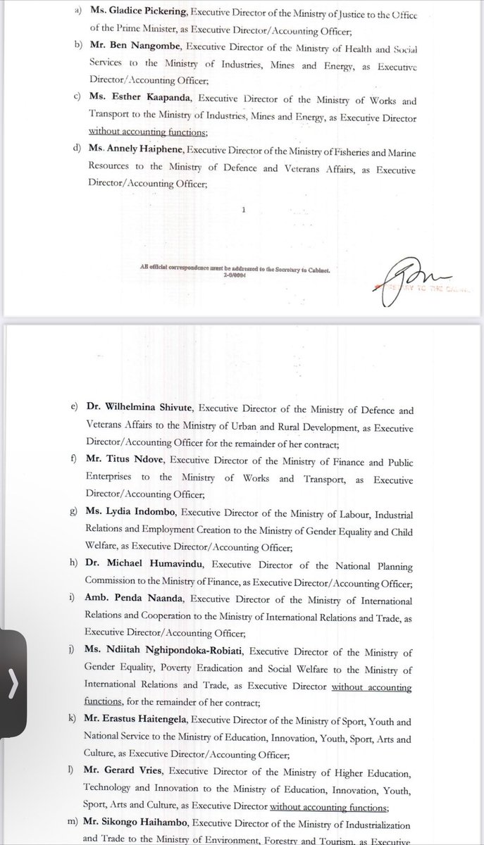 ObserverNamibia's tweet image. STATE MANAGEMENT RESHUFFLED:   Most of the executive directors to different ministries, offices and agencies will henceforth fill new positions after the prime minister Elijah Ngurare decided to do a rearrangement of governmental management structures. Secretary to