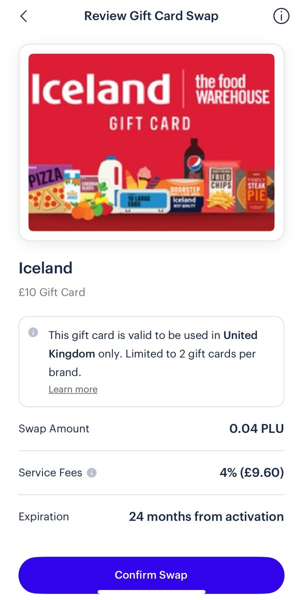 gregsmith77's tweet image. Just checking if the system is glitching…? 
I can get a £10 gift card for a 4% fee?  And 4% of what exactly is £9.60?  
And why would I only use 0.04 PLU in this transaction?  
I thought the idea was 1PLU=£10= 1 gift card?  PLU seems irrelevant in this transaction?