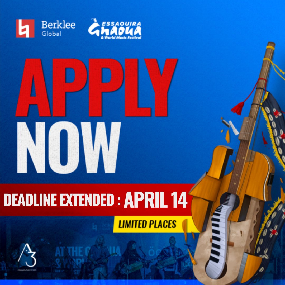 🇲🇦 The deadline to apply for Berklee at the Gnaoua and World Music Festival has been extended to APRIL 14!

Learn from top instructors with Berklee's curriculum. Join us June 16–21!

APPLY NOW: berklee.edu/berkleeonthero…

#morocco #gnaoua #berkleeglobal #Berklee