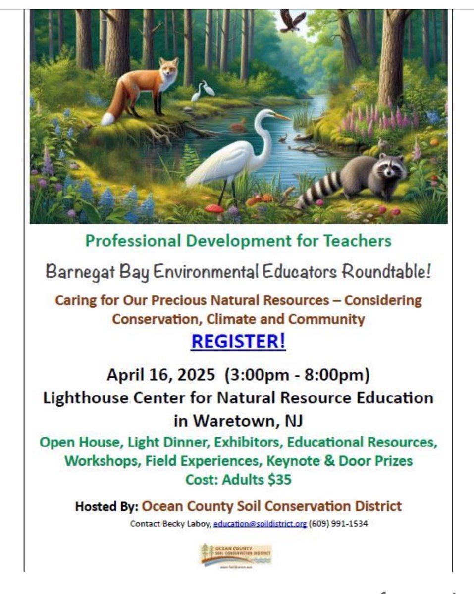 Register for 28th Annual Barnegat Bay Environmental Educators Roundtable. The Teacher Professional Development Event, will be held on Wednesday, April 16, 3pm-8pm at the Lighthouse Center for Natural Resource Education. soildistrict.org/environmental-…