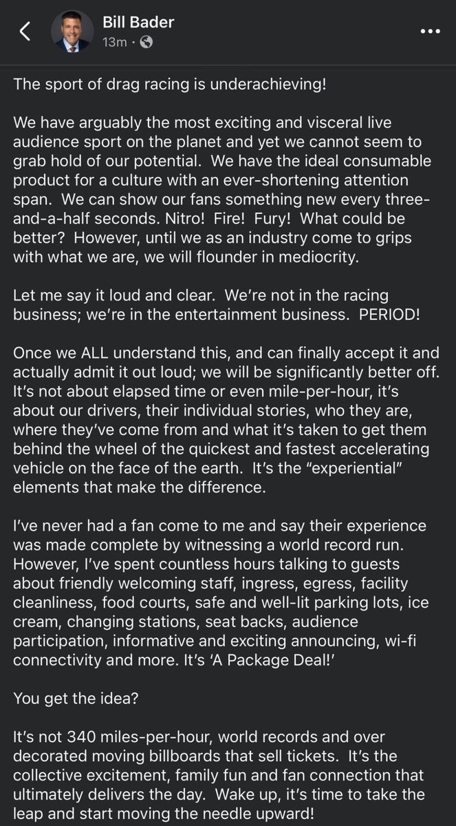 Bill Bader woke up and decided to speak nothing but facts 💯 

100% agree with everything he said here

#NHRA #Dragracing