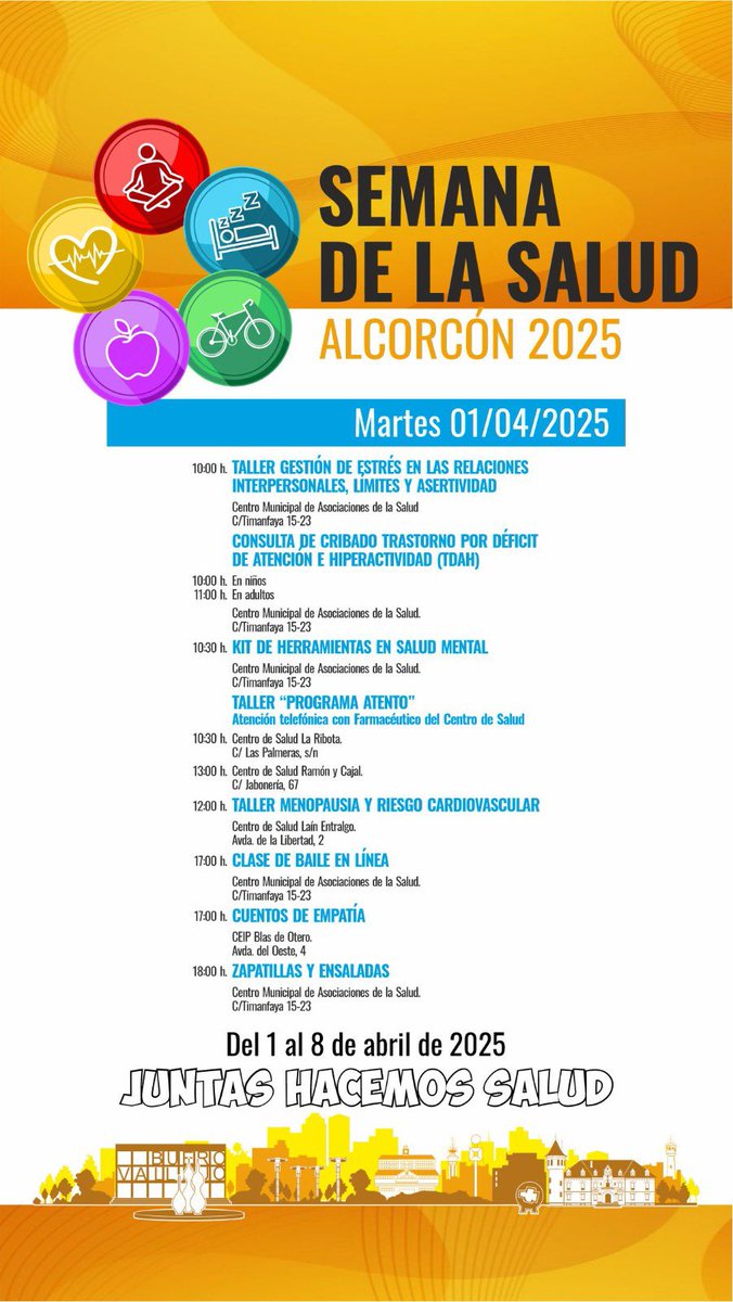 🧵 Conoce la programación diaria de la Semana de la Salud 2025 🩺 en #Alcorcón 🛌🚴🍏🧘‍♀️🫶

👉 ayto-alcorcon.es/sites/default/…