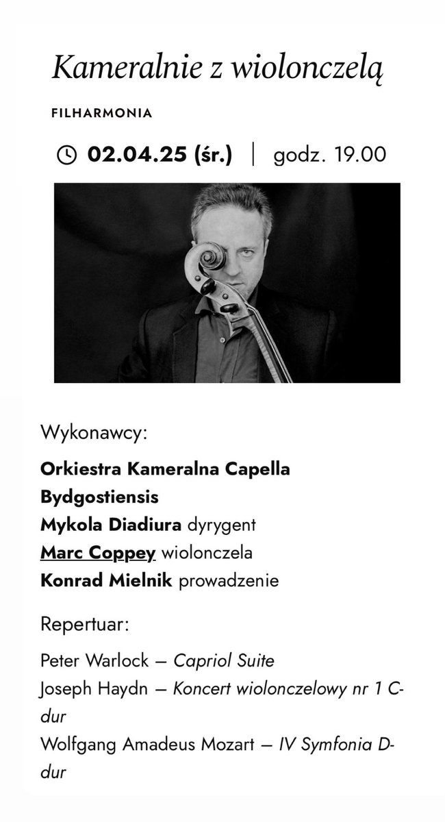 Marc Coppey (@marccoppey) on Twitter photo ๐ต๐ฑ Looking forward to to playing #Haydn #CelloConcerto No1 in Bydgoszcz, in 2 days, with the #CapellaBydgostiensis conducted by #MykolaDiadiura.
๐ ๐ช๐ฒ๐ฑ., ๐๐ฝ๐ฟ๐ถ๐น ๐ฎ, ๐ณ๐ฝ๐บ <a href="/FilharmoniaPom/">Filharmonia Pomorska</a> ๐๐ป๐ณ๐ผ & ๐ฏ๐ผ๐ผ๐ธ๐ถ๐ป๐ด โก tinyurl.com/2vdxrv5y ๐ต๐ฑ Looking forward to to playing #Haydn #CelloConcerto No1 in Bydgoszcz, in 2 days, with the #CapellaBydgostiensis conducted by #MykolaDiadiura.
๐ ๐ช๐ฒ๐ฑ., ๐๐ฝ๐ฟ๐ถ๐น ๐ฎ, ๐ณ๐ฝ๐บ <a href="/FilharmoniaPom/">Filharmonia Pomorska</a> ๐๐ป๐ณ๐ผ & ๐ฏ๐ผ๐ผ๐ธ๐ถ๐ป๐ด โก tinyurl.com/2vdxrv5y