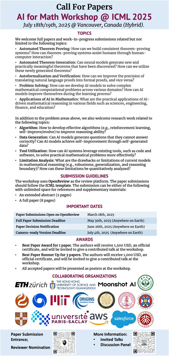 AI for Math Workshop @ ICML 2025 (@ai4mathworkshop) on Twitter photo 📣🔊 Excited to announce the 2nd AI for Math Workshop at #ICML2025 <a href="/icmlconf/">ICML Conference</a>!
🔍 Workshop details: sites.google.com/view/ai4mathwo…
📜 Submit your pioneering work: sites.google.com/view/ai4mathwo……
🙋 Reviewer nomination: goo.su/UlL3GJ 📣🔊 Excited to announce the 2nd AI for Math Workshop at #ICML2025 <a href="/icmlconf/">ICML Conference</a>!
🔍 Workshop details: sites.google.com/view/ai4mathwo…
📜 Submit your pioneering work: sites.google.com/view/ai4mathwo……
🙋 Reviewer nomination: goo.su/UlL3GJ