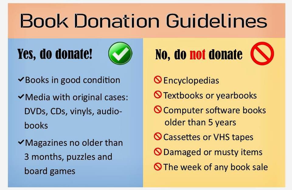 ElDoradoLibrary's tweet image. With our book sale coming up in a few weeks (April 23-26), here is a quick reminder of our book donation guidelines! Please refer to this when deciding what to bring in to donate.
