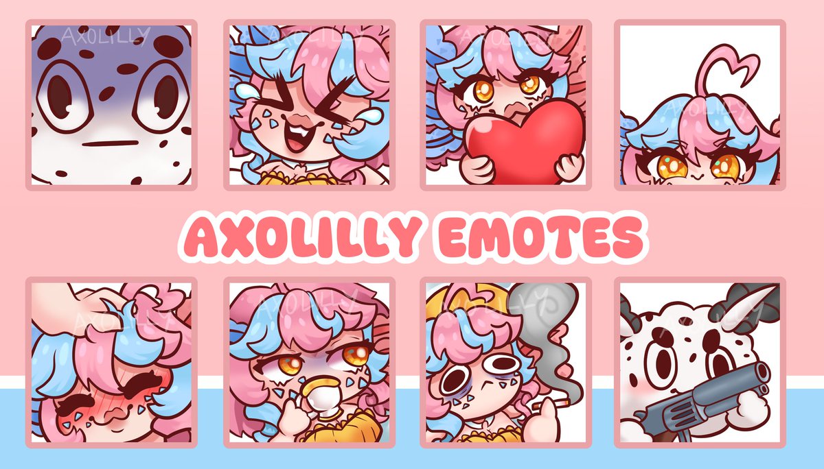 Axolilly's tweet image. Say hello to the brand new set of Twitch Emotes for my channel!

Which ones will you use the most?

 🫧 #LillyLotl 🫧 #LillyDraws 🫧